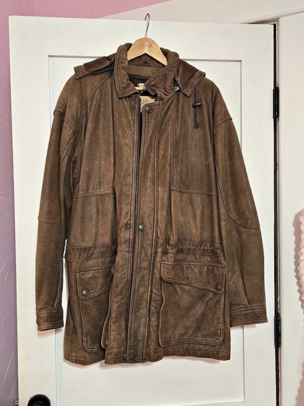 Vintage Georgetown Leather Designs Leather Hooded Jacket Brown Size Medium